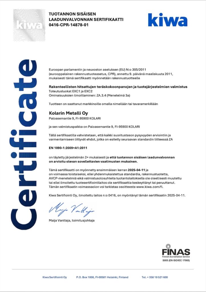 SFS-EN 1090 laatusertifikaatti